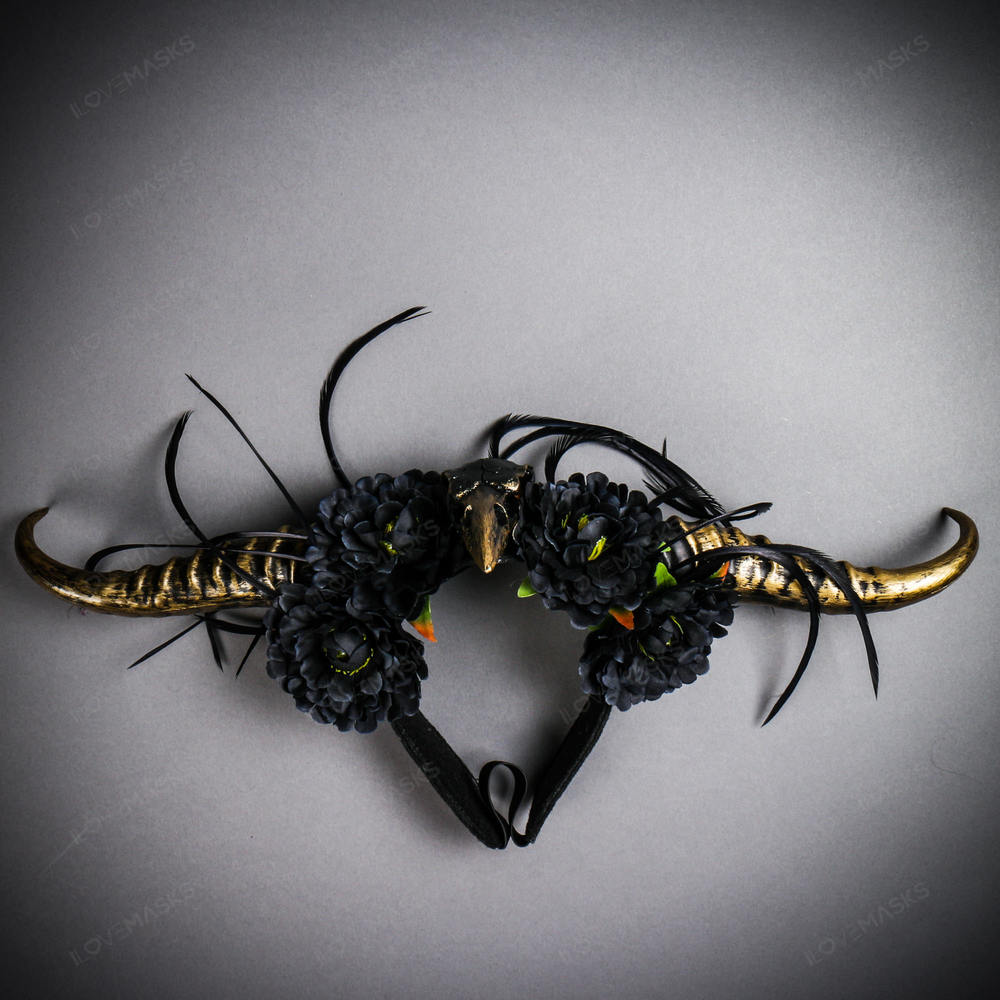 Gothic Demon Long Horn with Flower Head Piece - Black Gold